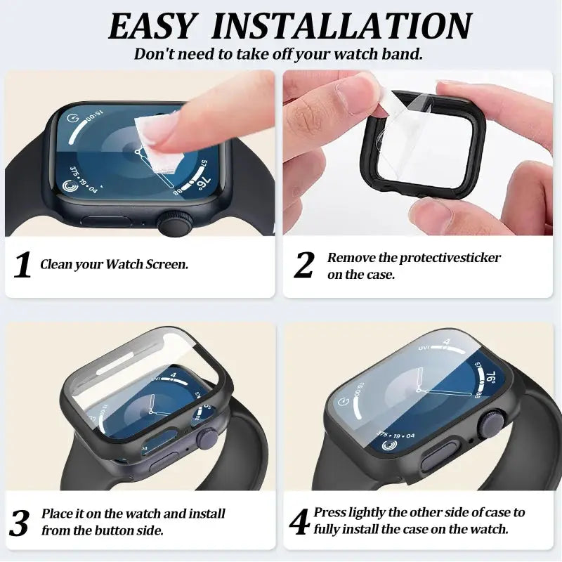 Apple Watch tempered glass screen protector and protective case by Simples Market for 38–46mm watches.