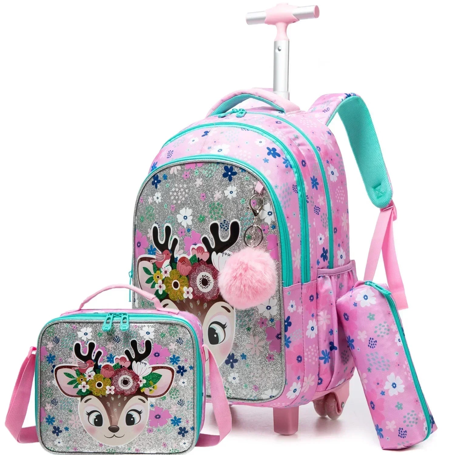 Girls' pink glitter 2-piece wheeled backpack set with lunch box by Simples Market