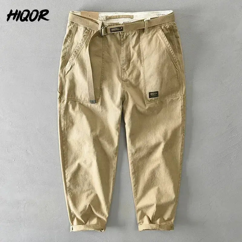 HIQOR men's khaki 100% cotton cargo pants with belt, front pockets, cuffed ankles