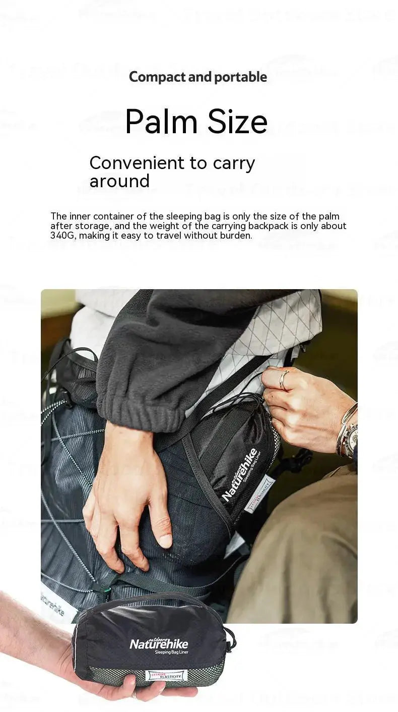 Naturehike black sleeping bag liner with white logo; compact, portable ultralight travel sheet