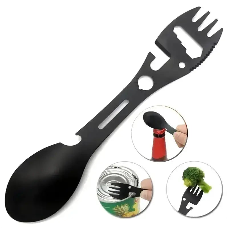 Simples Market outdoor fork-spoon camping tool in black, lightweight survival utensil with fork, spoon and bottle opener