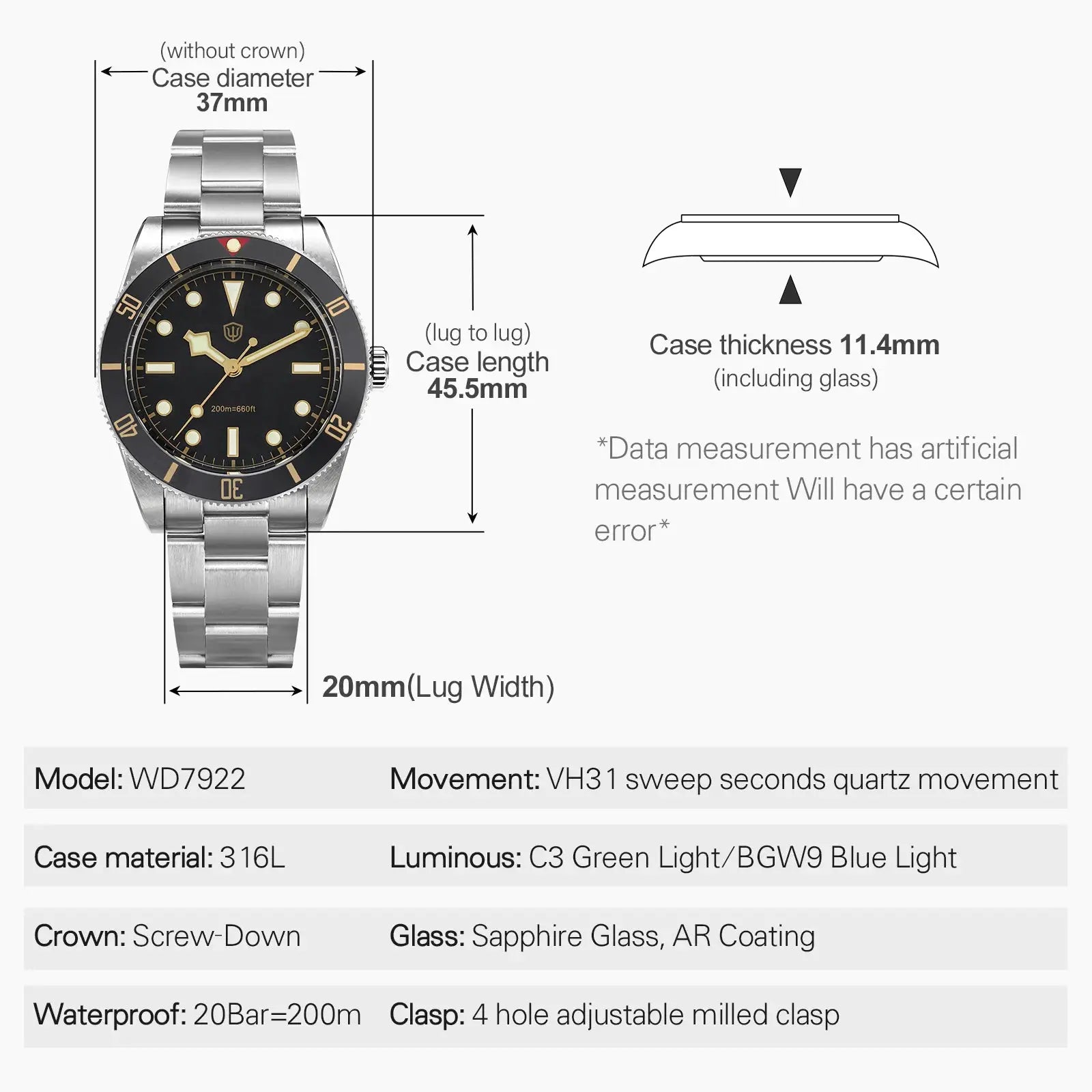 Watchdives WD7922 dive watch by Simples Market with stainless steel bracelet, black dial and sapphire crystal