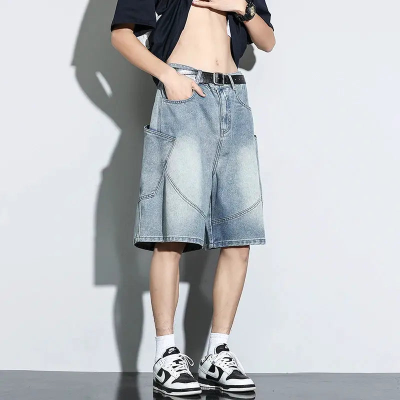 Simples Market baggy denim shorts, light vintage wash, knee-length streetwear with side pockets.