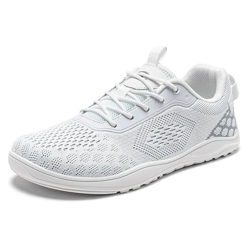 HOBIBEAR knit barefoot shoes, white unisex zero-drop sneakers with breathable mesh and wide toe