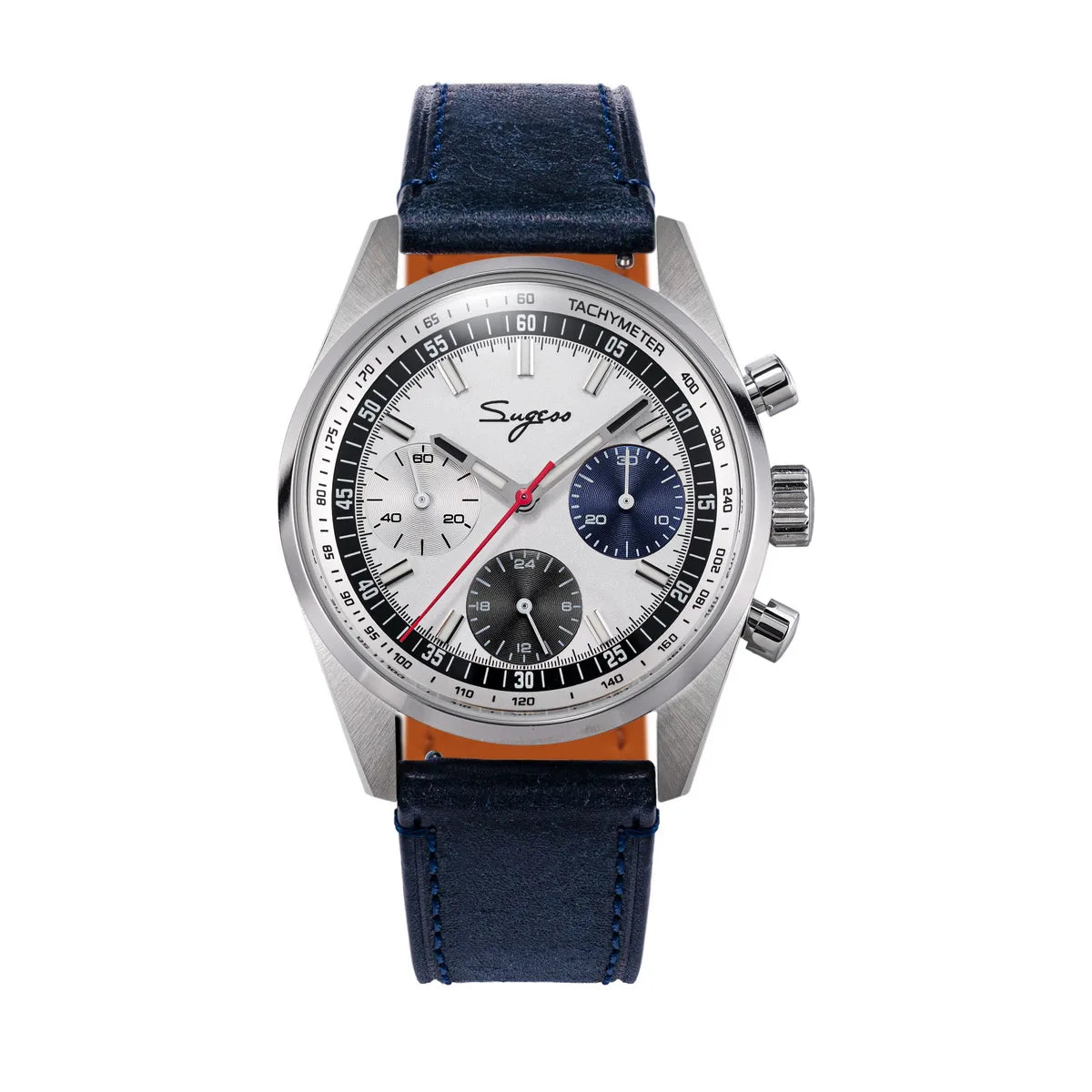 Sugess men's chronograph watch with blue leather strap, silver case, white dial and tachymeter bezel.