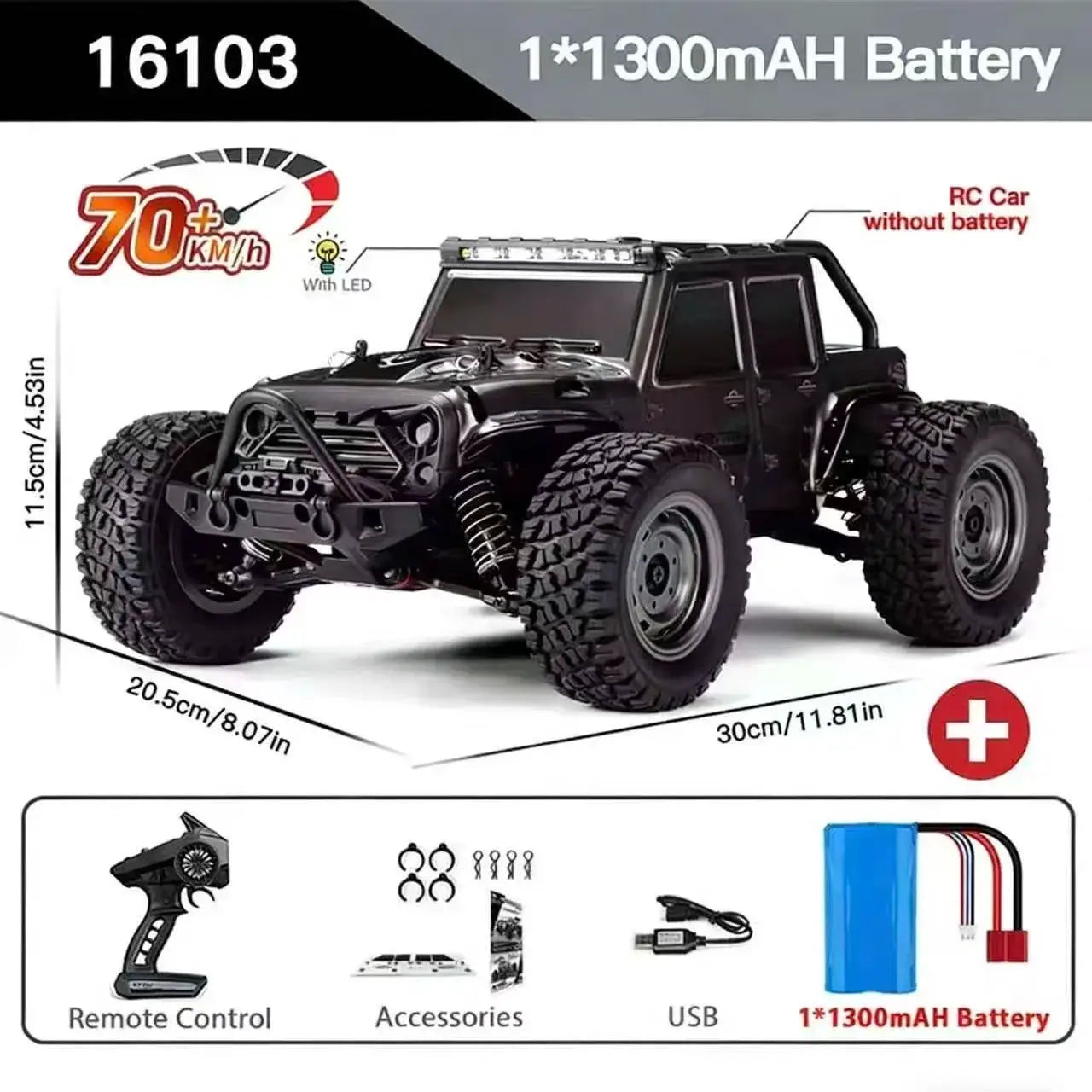 One Sixteenth Scale 4WD RC Monster Truck With LED Lights High Speed Drift 70KMH Or 50KMH Remote Control