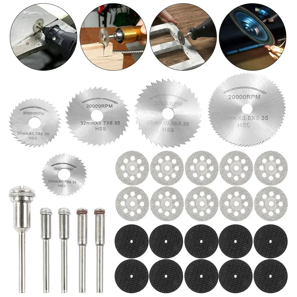 Six To Thirty Two Pcs Mini Circular Saw Blade Set For Dremel Rotary Tools With Sanding Grinding Wheels And Cutting Discs