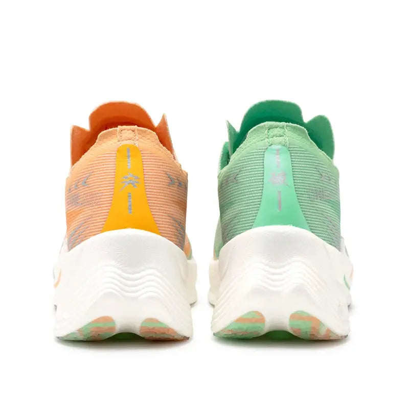 ONEMIX Marathon carbon-plate running shoes, orange and green pair, back view with white midsole