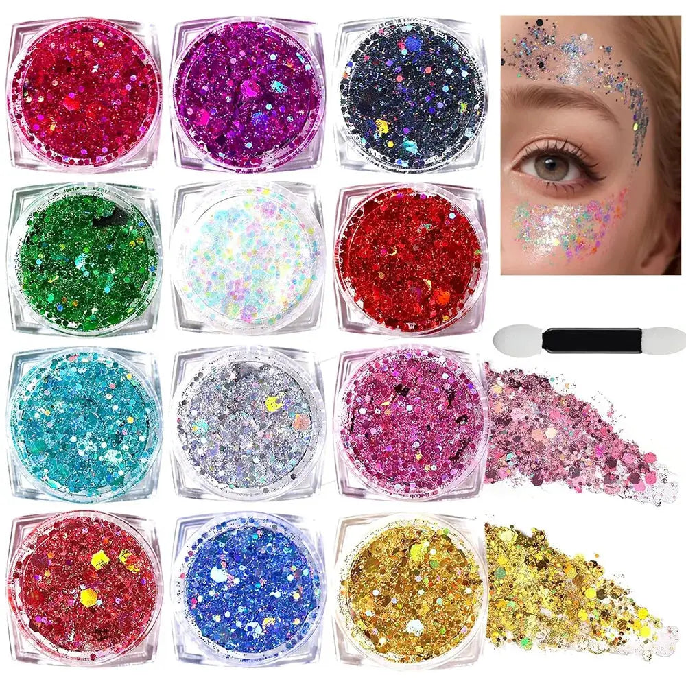 NovaGlow 12 Color Face and Body Glitter Gel with Holographic Sequins for Festivals Parties and Prom Night