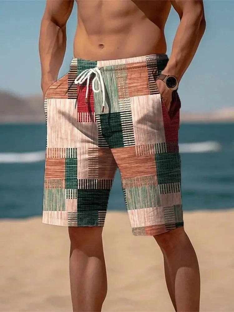 Men's board shorts by Simples Market with quick-dry fabric and multicolor geometric patchwork pattern.