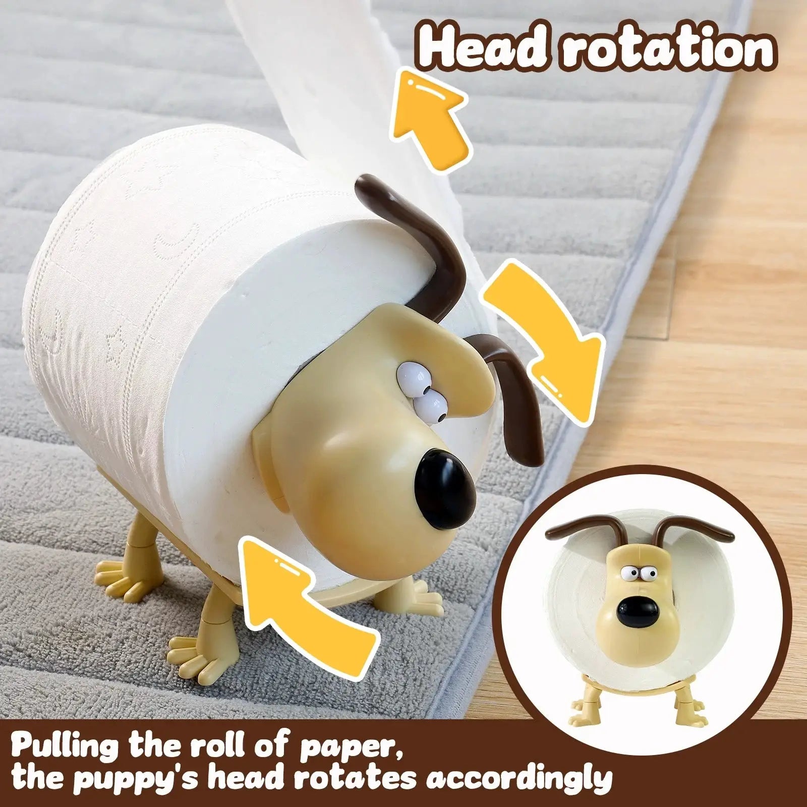 Toilet paper holder featuring a beige plastic dog by Simples Market; rotating head design.