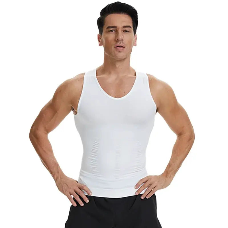Simples Market white men's compression shirt with tummy control tank top for fitness