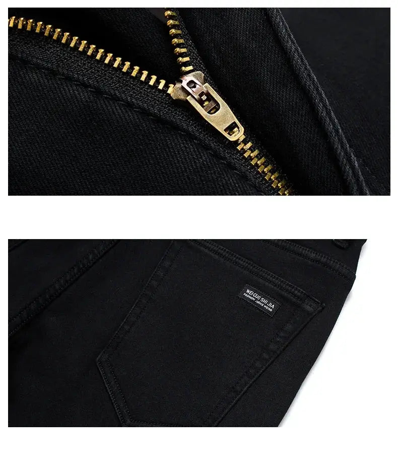 Men's black denim jeans with gold zipper detail and back pocket brand tag