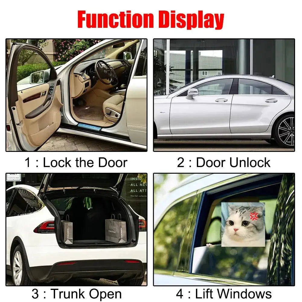 Simples Market car remote central door lock kit; four-panel display shows lock, unlock, trunk open, lift windows