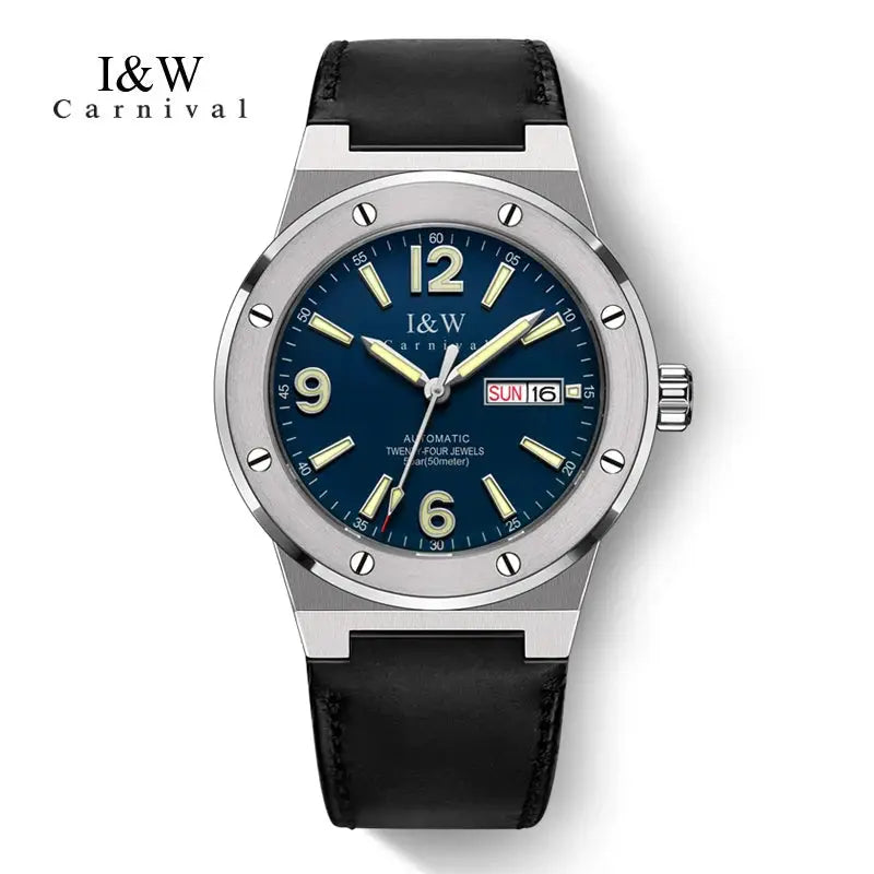 IW Carnival luxury sapphire mechanical watch for men with blue dial, stainless steel case, black leather strap