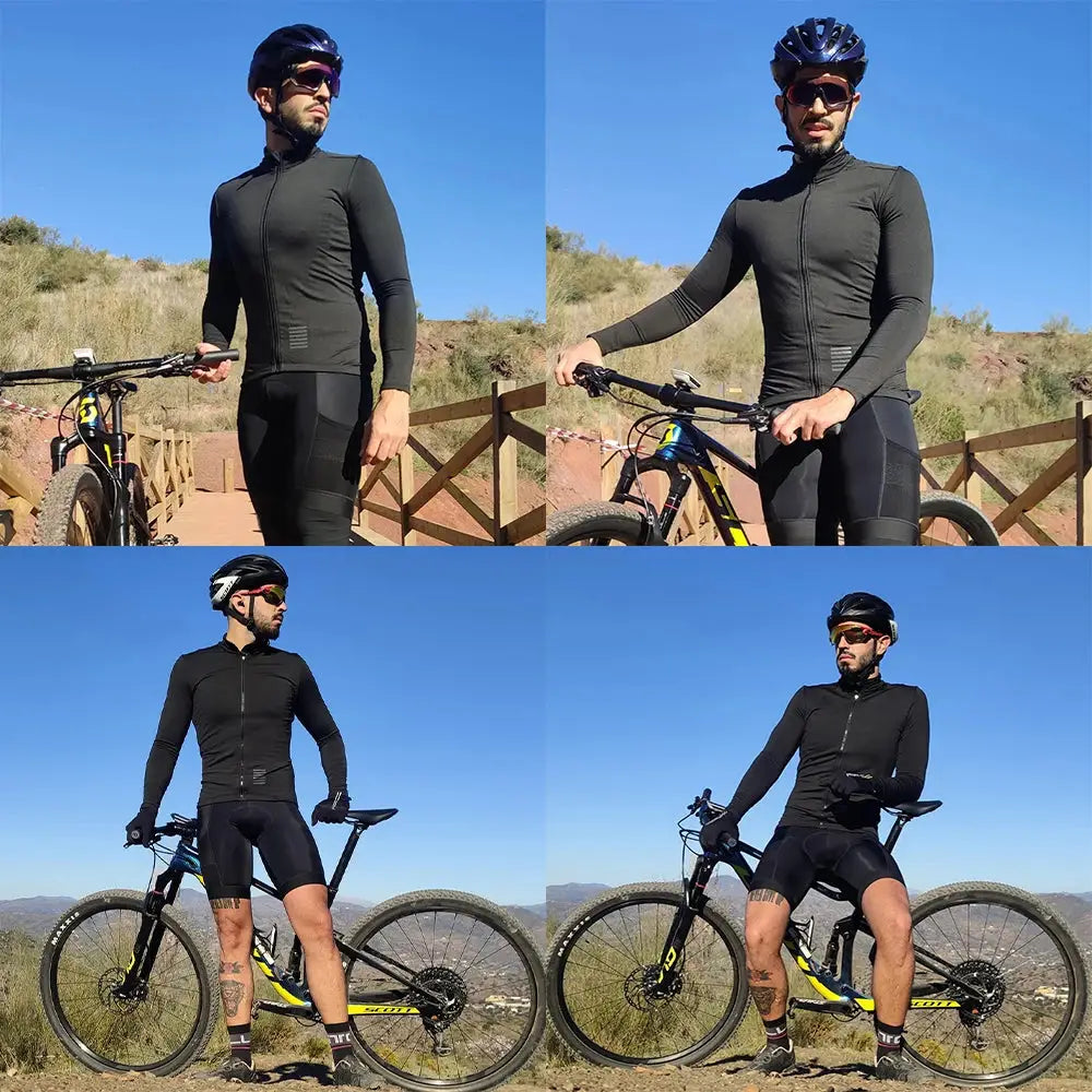 Men's black long-sleeve cycling jersey with thermal fleece lining for winter, shown with a mountain bike.
