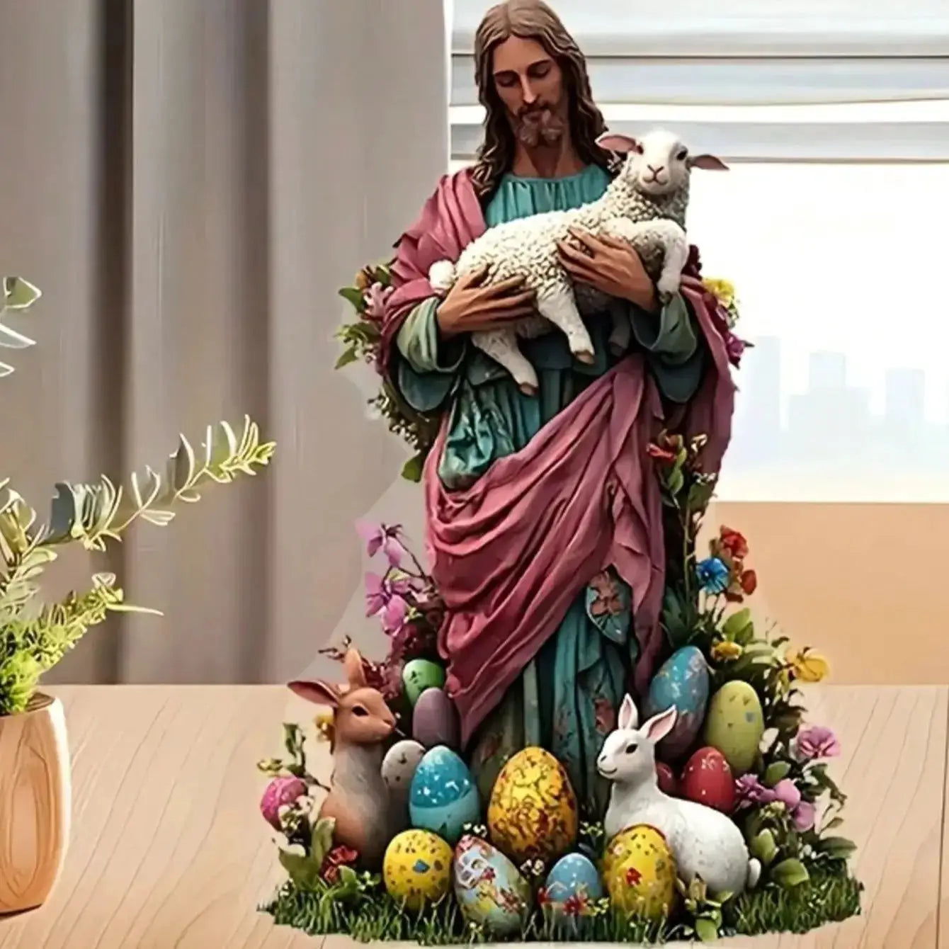 Jesus statue holding a lamb, colorful Easter eggs and rabbits around a floral base