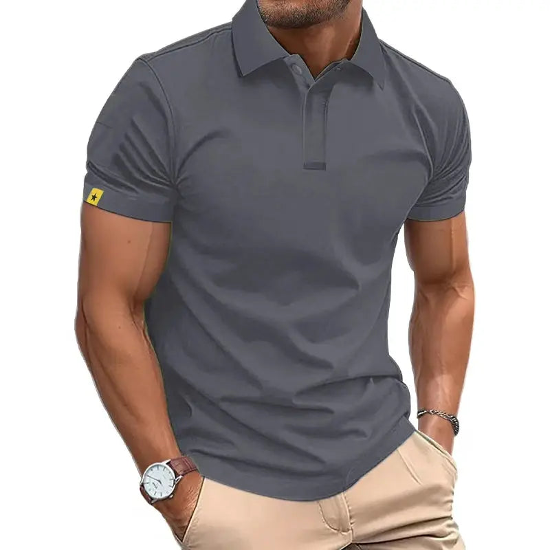 Summer polo shirt, men's gray short-sleeve, breathable lightweight with button placket