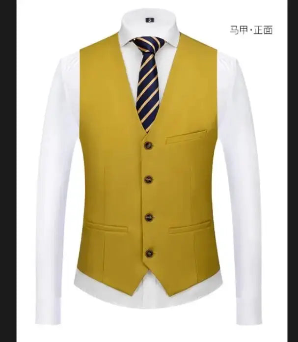 Simples Market mustard yellow slim-fit vest waistcoat over white dress shirt with navy striped tie