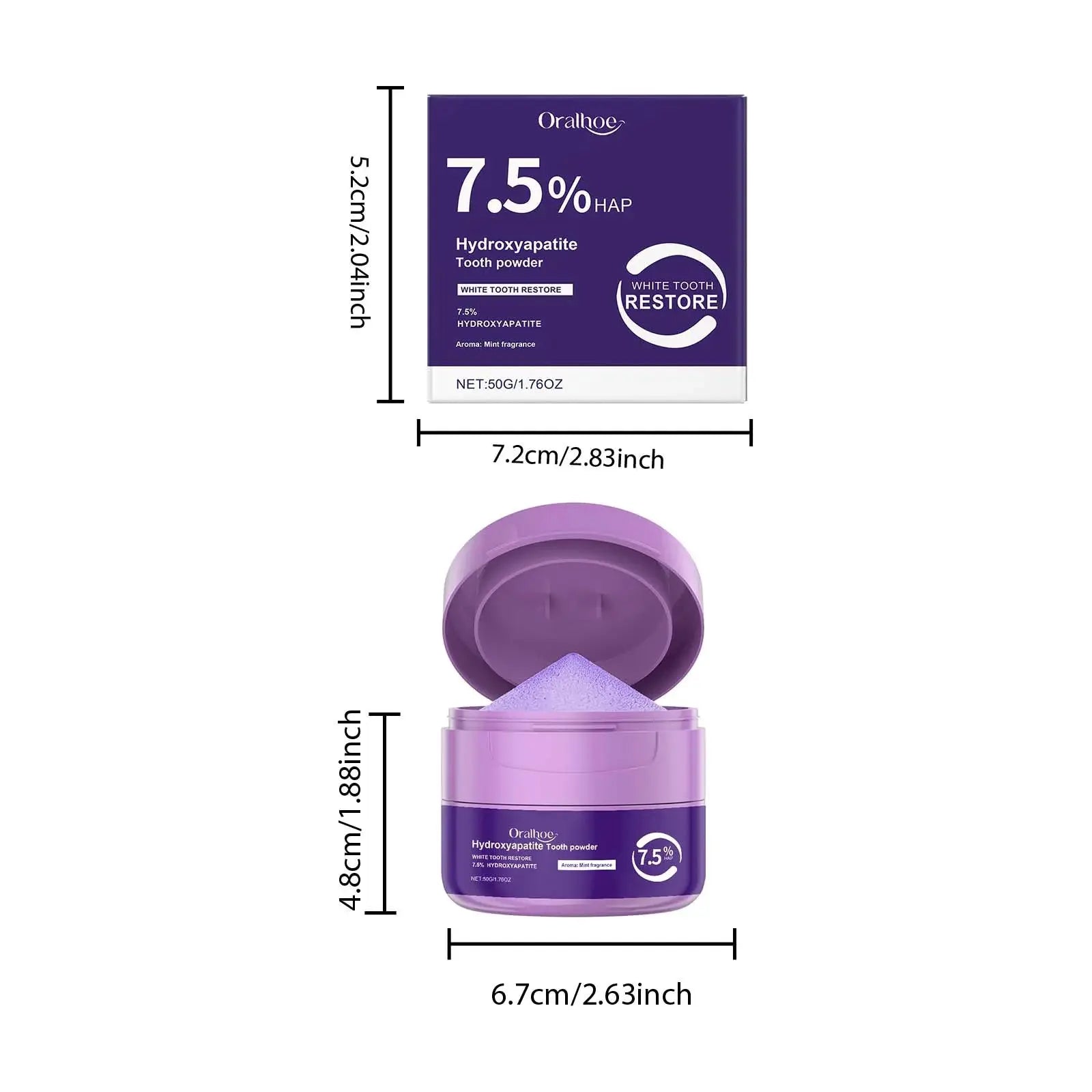 Simples Market whitening tooth powder in purple tub and box; 7.5% hydroxyapatite for stain and plaque removal