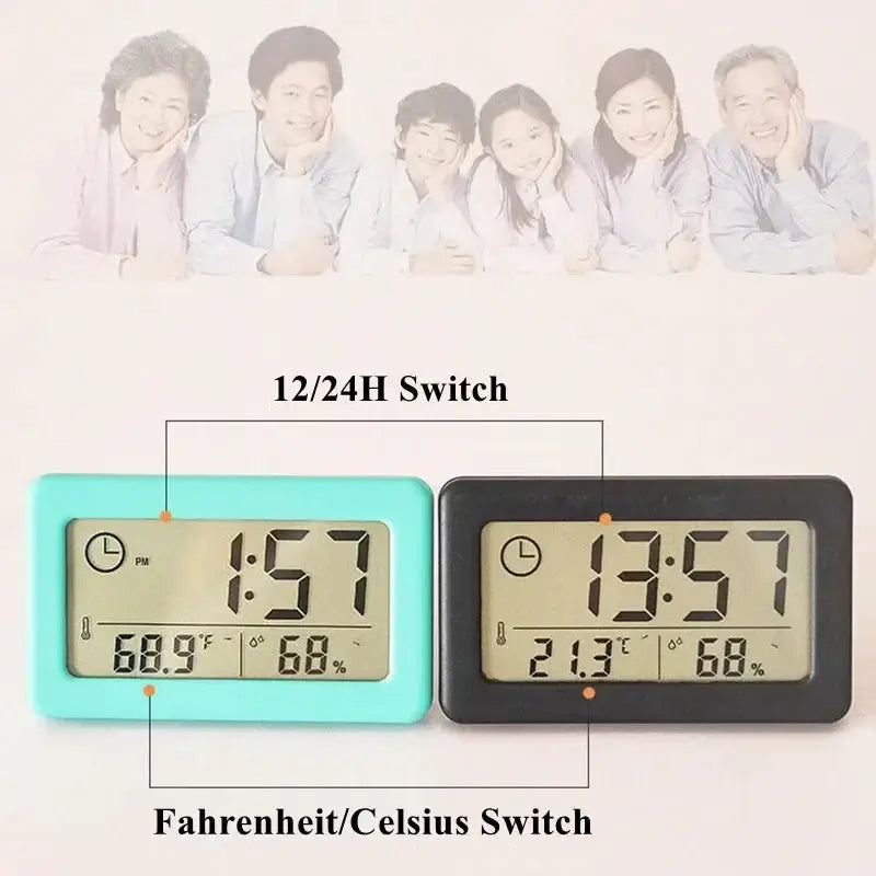 Mini Digital Clock With Temperature And Humidity Display Battery Powered Thermometer Hygrometer 12 24H