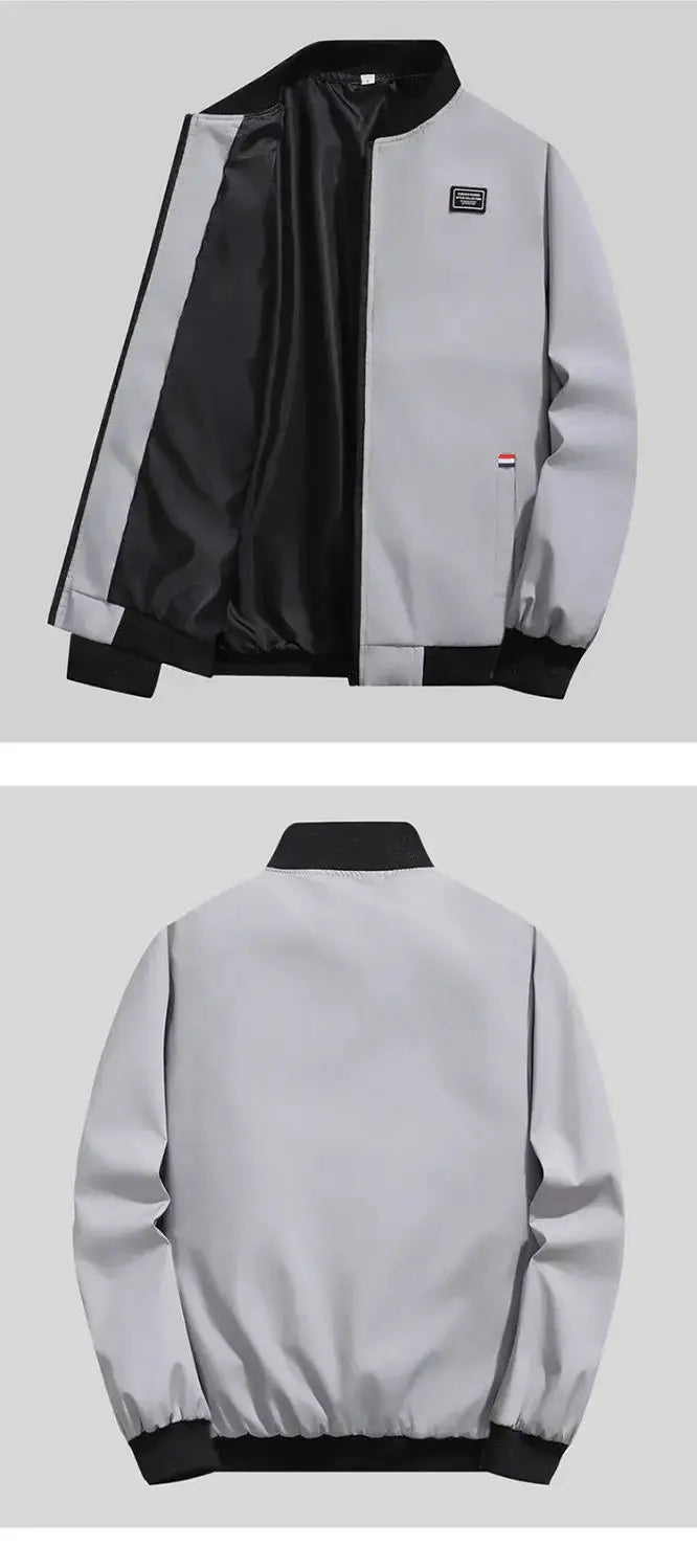 Men's lightweight gray windbreaker jacket with black lining, Simples Market logo and zip pockets
