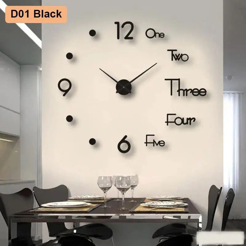 Soundless 90–120cm 3D number wall clock with black digits on white wall