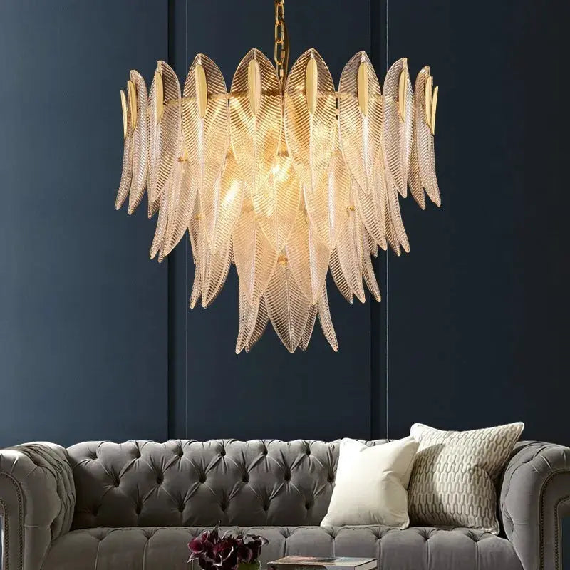 Glass chandelier pendant lamp with gold-toned leaf petals, Nordic designer style for living rooms