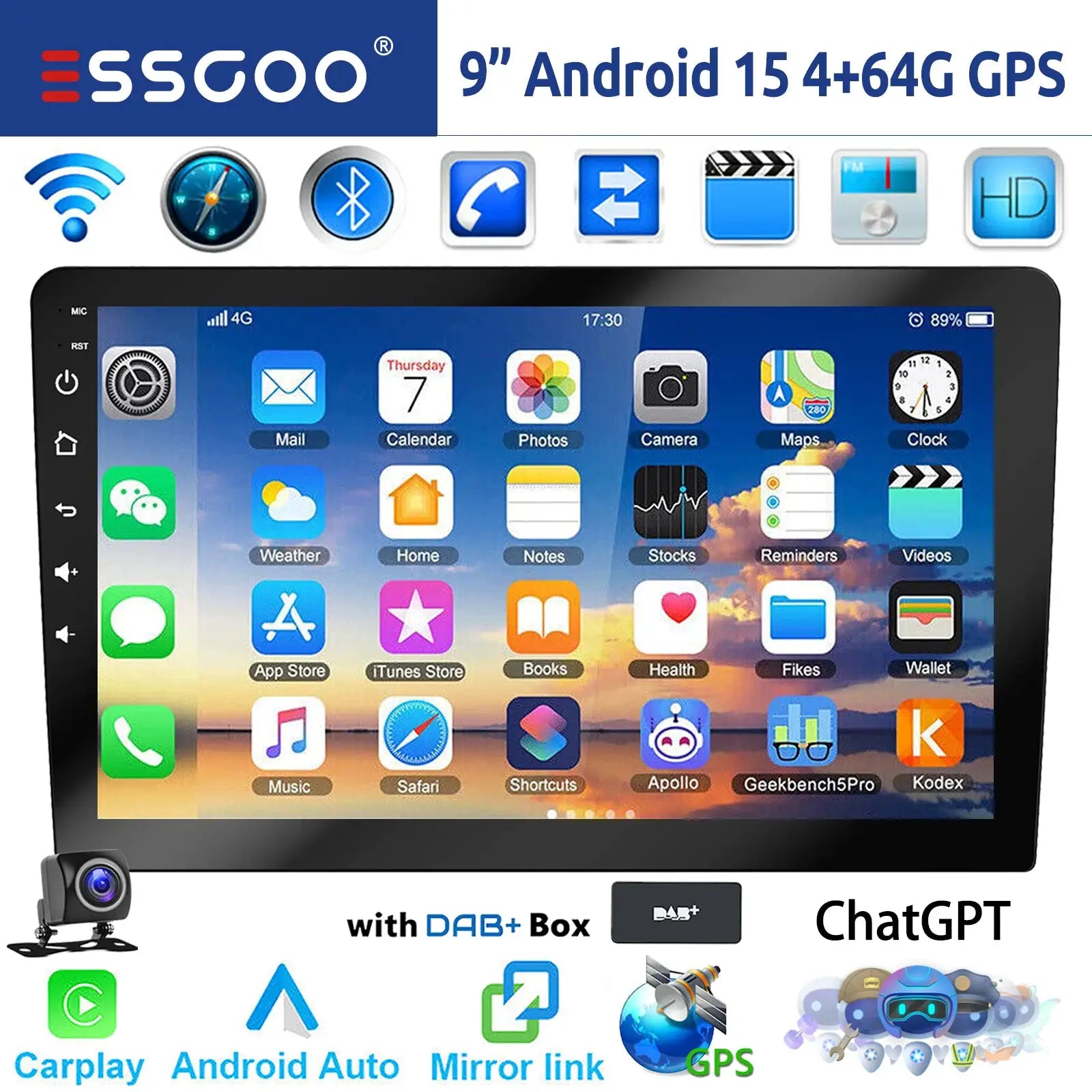 Simples Market ESSGOO 9-inch Android car stereo with CarPlay/Android Auto, GPS, WiFi, 4+64GB touchscreen
