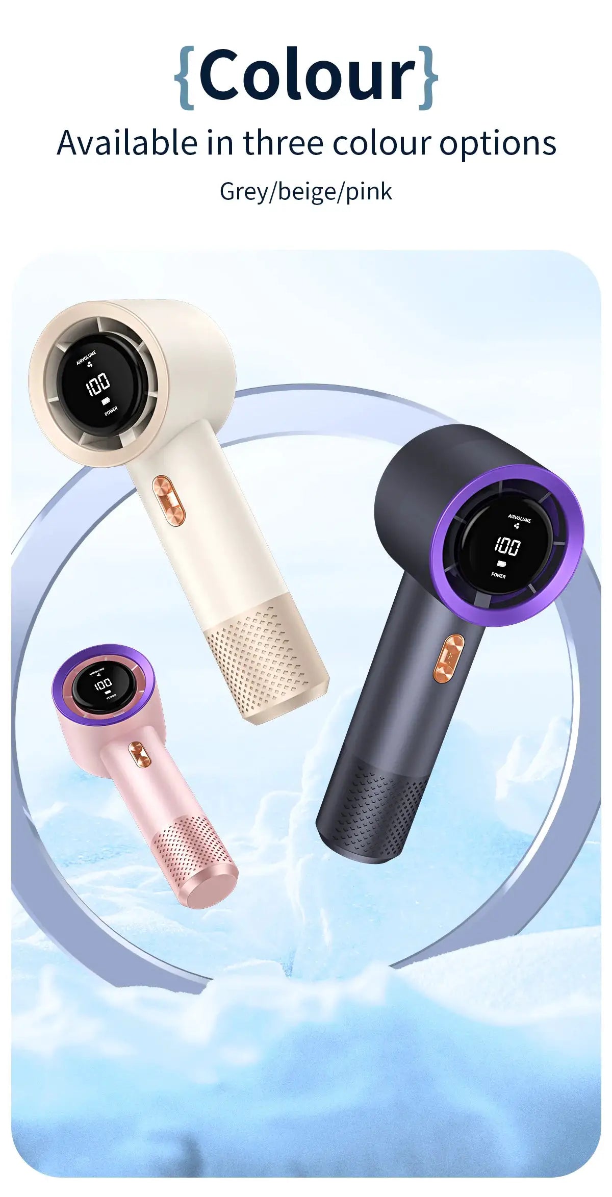 Simples Market handheld high-speed six-fan portable air conditioner, available in beige, black and pink.