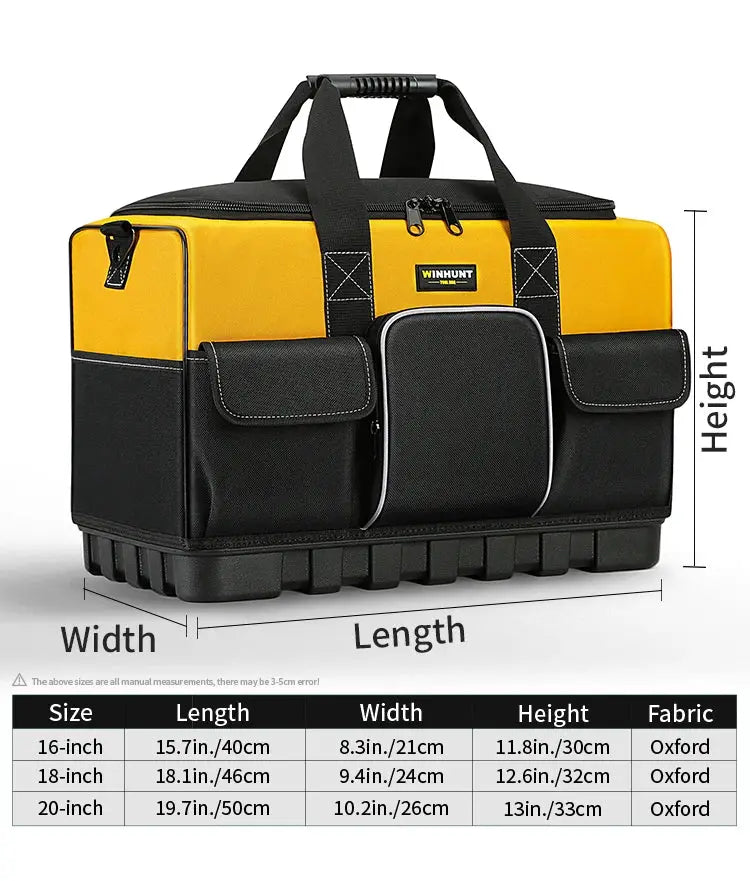WINHUNT heavy-duty tool bag in yellow and black with wide-mouth opening and molded bottom, durable polyester