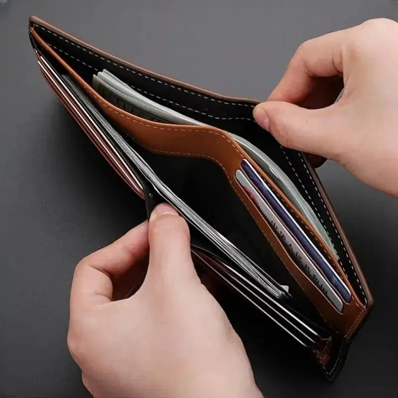 Men's brown leather two-fold wallet with multiple card slots and money clip