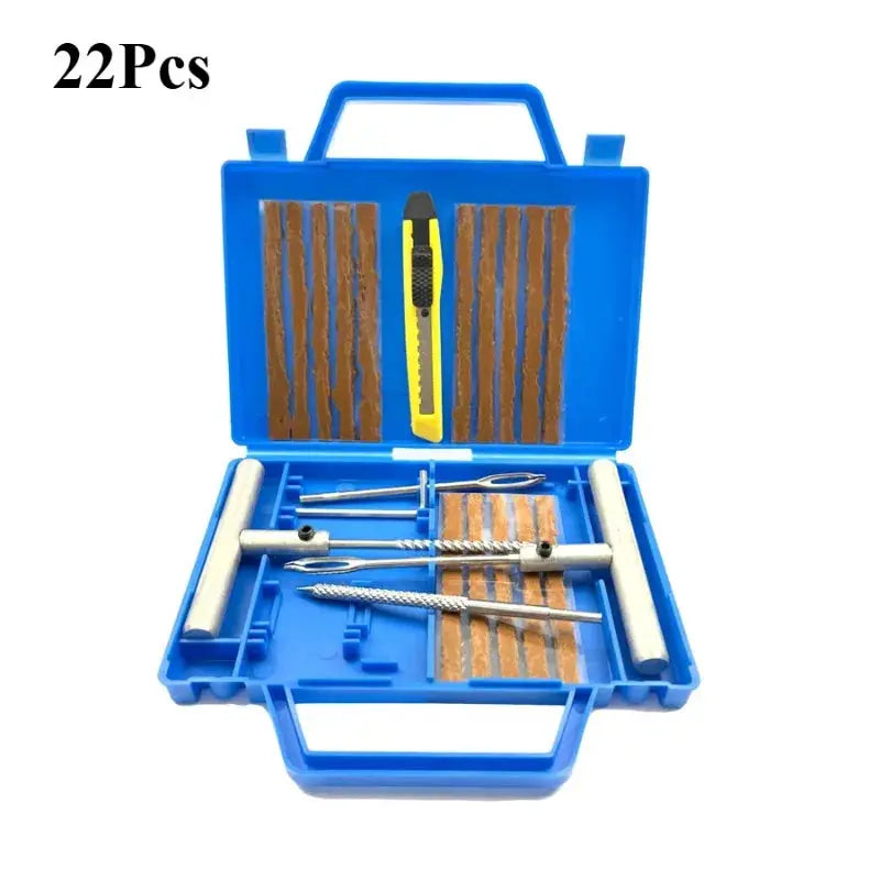 Blue 22-piece car tire repair tool kit in plastic case with plugs and metal tools