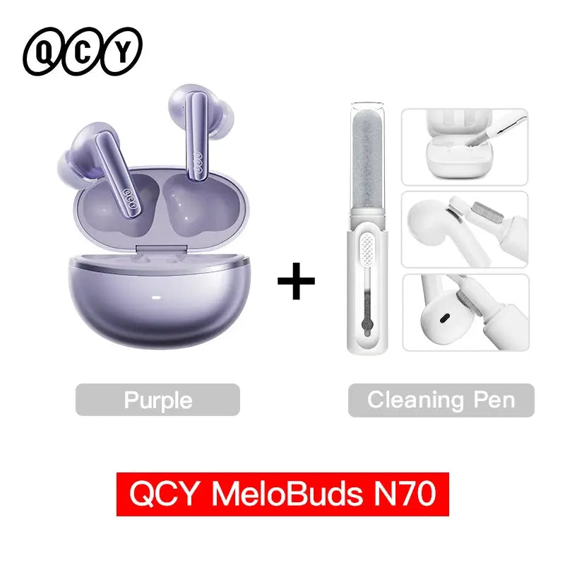 QCY MeloBuds N70 wireless earbuds in purple with charging case and cleaning pen