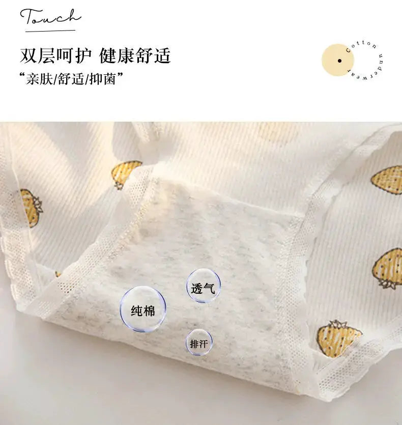 Simples Market M-XL women's cotton underwear briefs, mid-waist, seamless lace trim, white with small flower print.