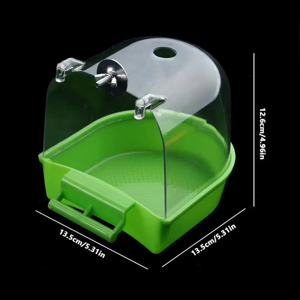 Green plastic hanging bird bath cube with clear dome lid for small birds, 13.5×13.5×12.6 cm