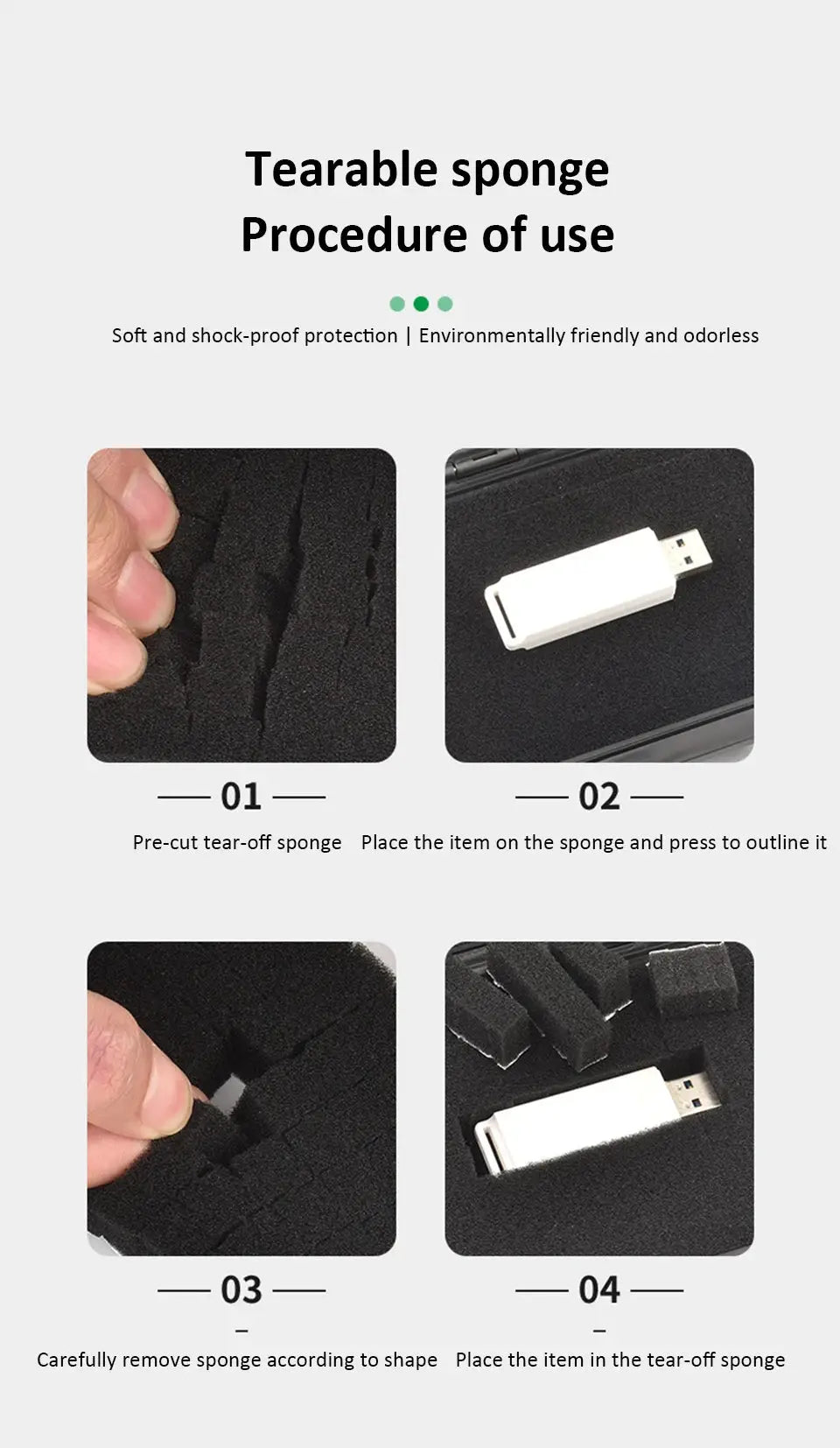 Waterproof storage case with foam sponge insert; shows step-by-step sponge fitting and USB drive.