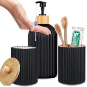 Bathroom Countertop Organizer With Hand Soap Dispenser Cotton Ball Storage And Toothbrush Holder Bamboo Accents