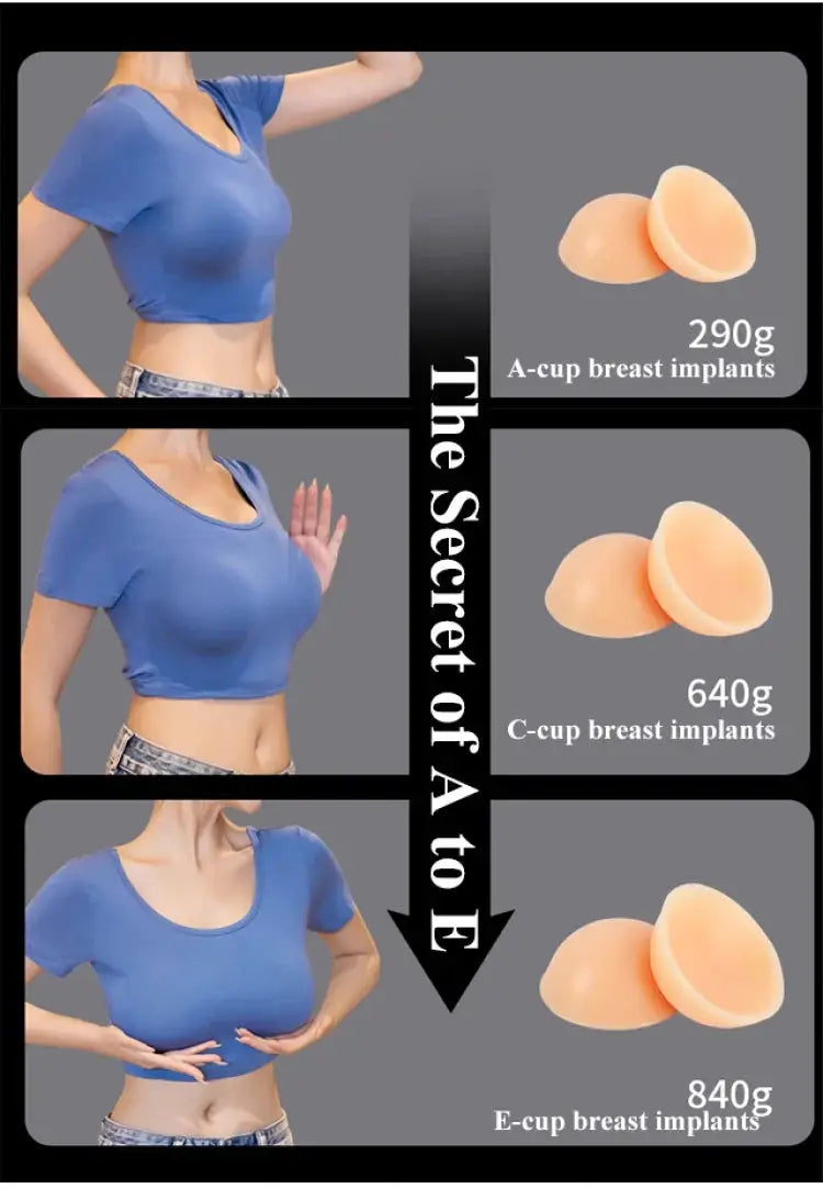 Simples Market silicone breast forms for cosplay; three sizes: A-cup 290g, C-cup 640g, E-cup 840g on blue top model