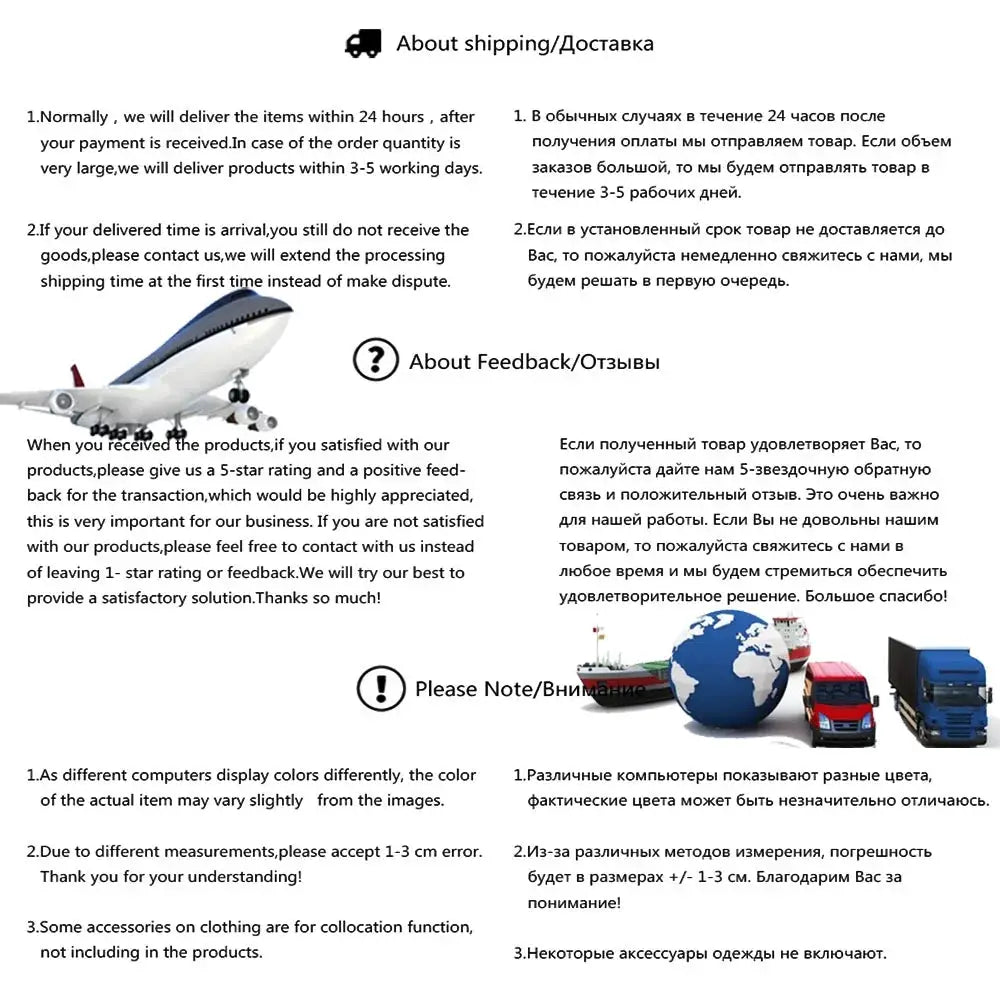 Shipping info graphic showing airplane, globe, and trucks with multilingual delivery notes.