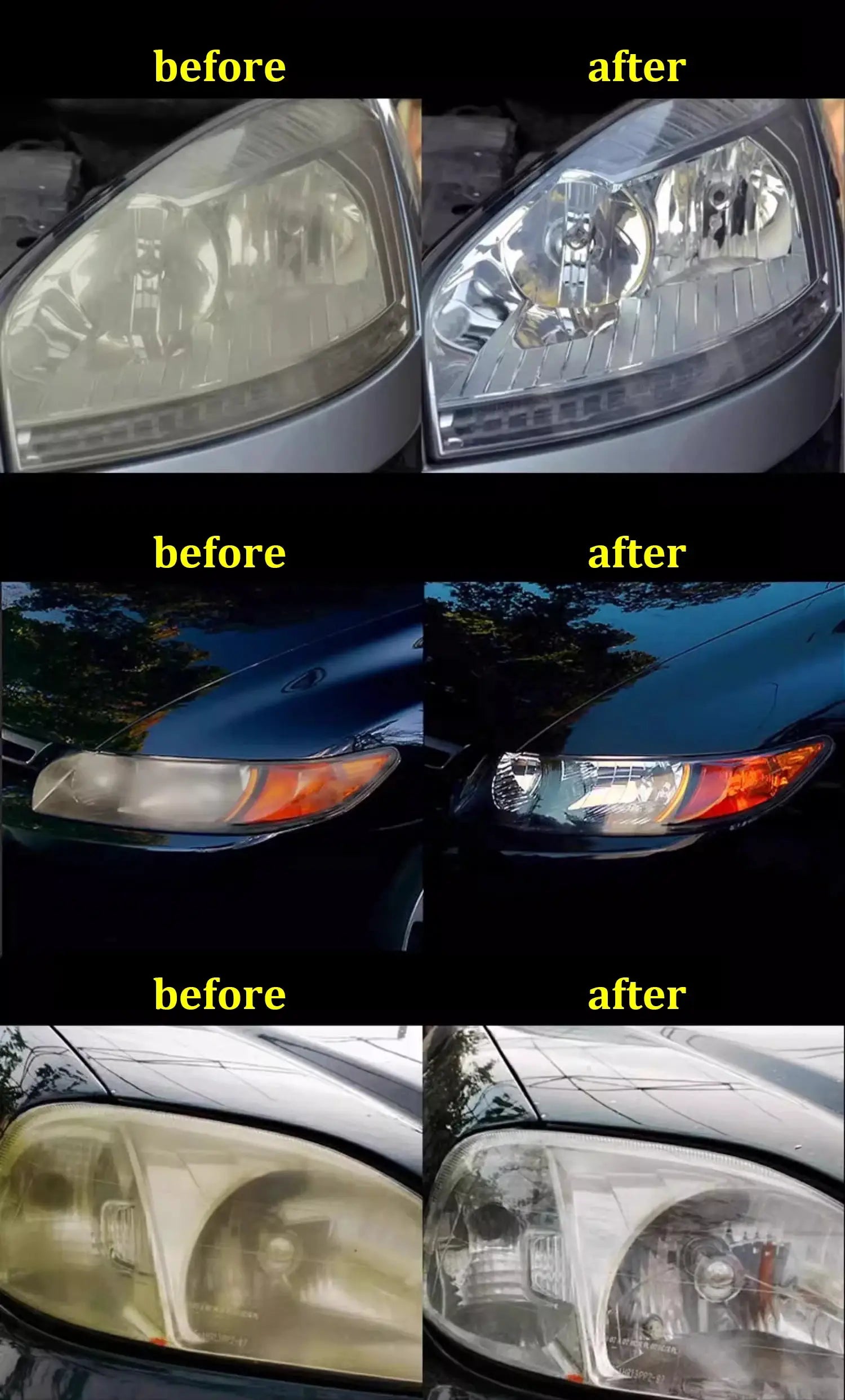 Headlight restoration polishing paste LHB-16 by Simples Market; before/after shots show clearer headlights.