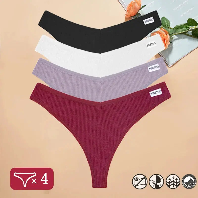 Simples Market 4-pack waffle cotton women’s thongs in black, white, lavender, and burgundy.