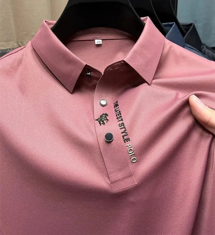 Men's pink ice silk polo shirt with embroidery and metal snaps; Simples Market