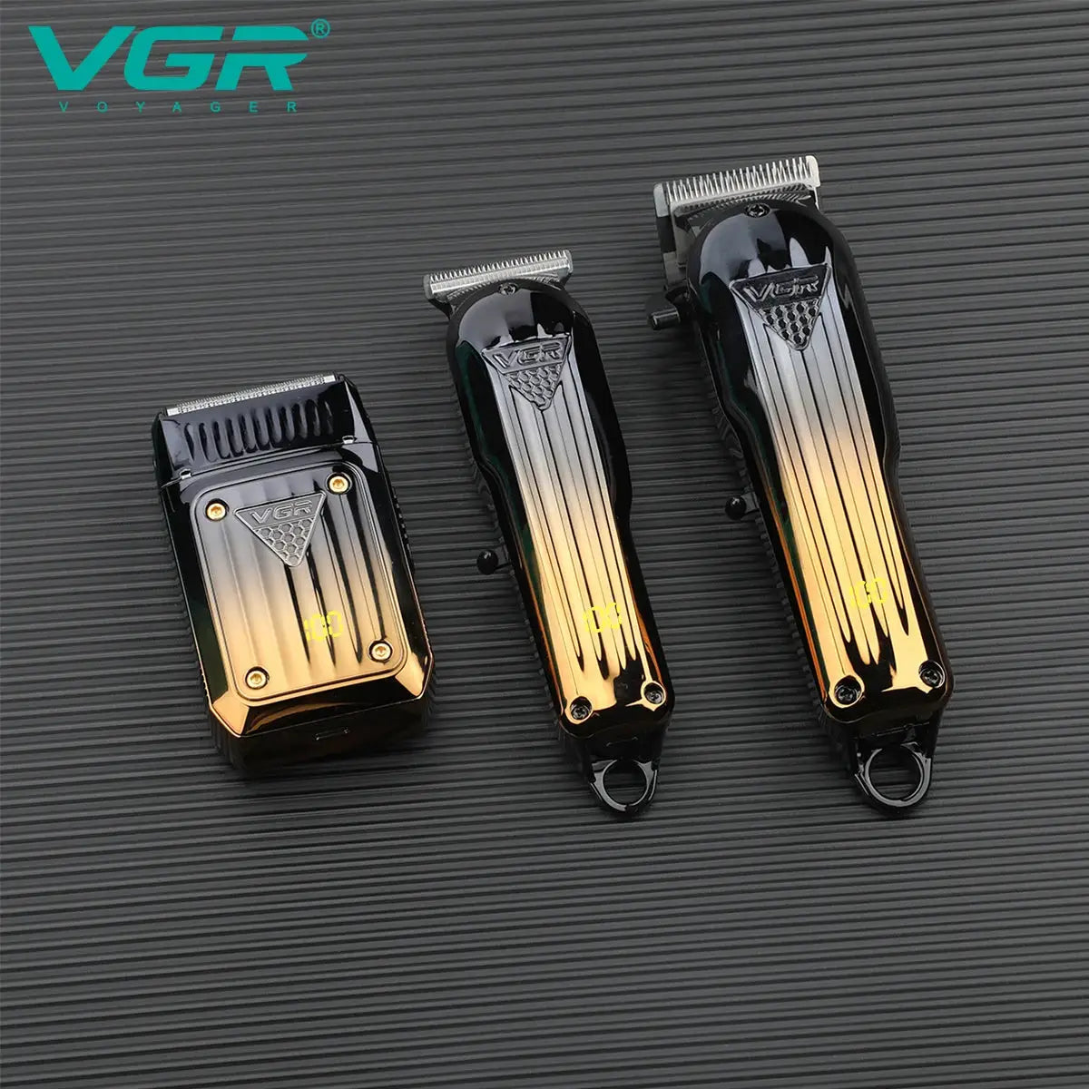 VGR gradient hair clipper set, 3-piece rechargeable trimmers with black-to-gold finish