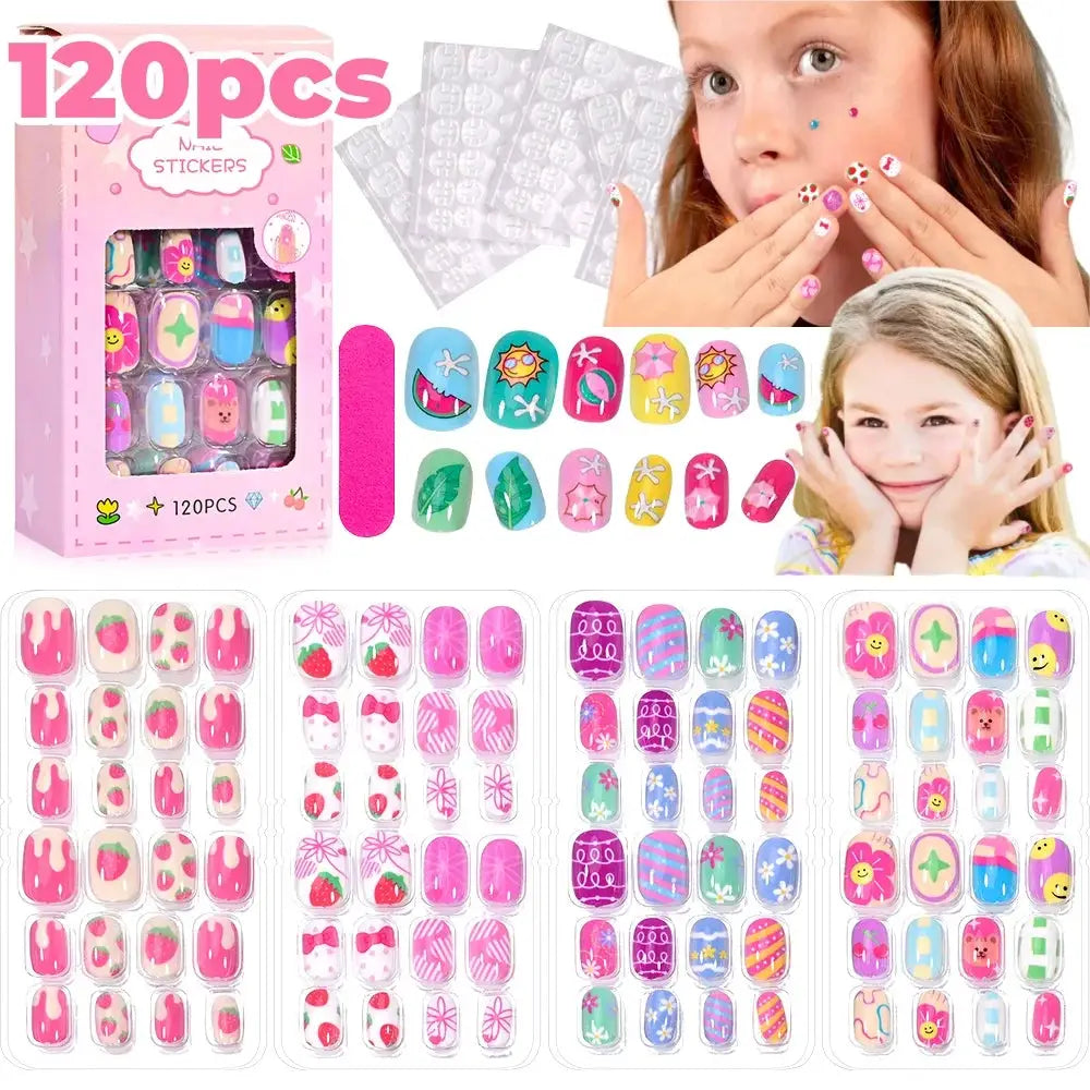 KawaiiKidz Kids Cartoon Press On Nails Acrylic Full Cover Short False Nails Safe Easy To Apply Jelly Glue 120Pcs