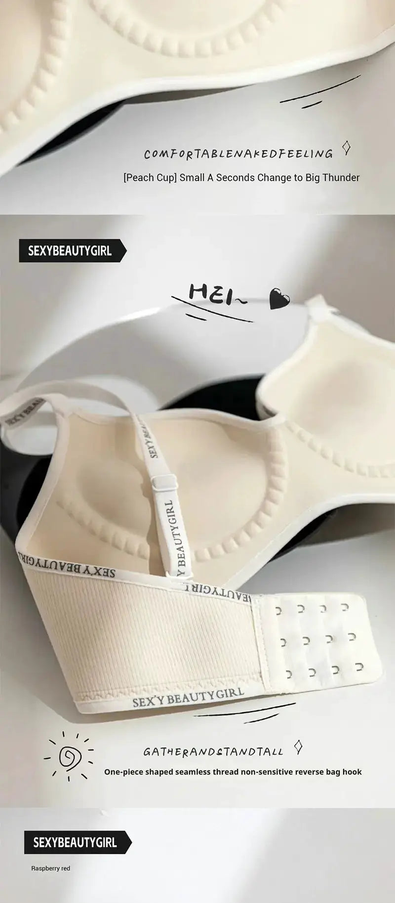 FINETOO seamless push-up bra for women in cream beige with SexyBeautyGirl branding on the band