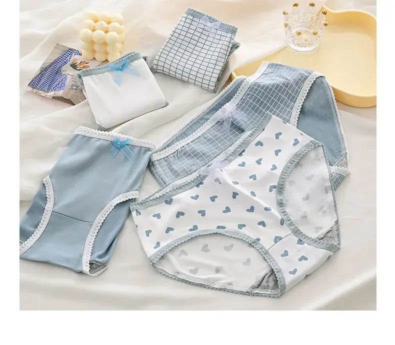 5pc women's cotton panties set with bow accents and heart/plaid prints in light blue and white by Simples Market