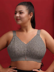 Gray lace wireless full-cup bra with adjustable straps