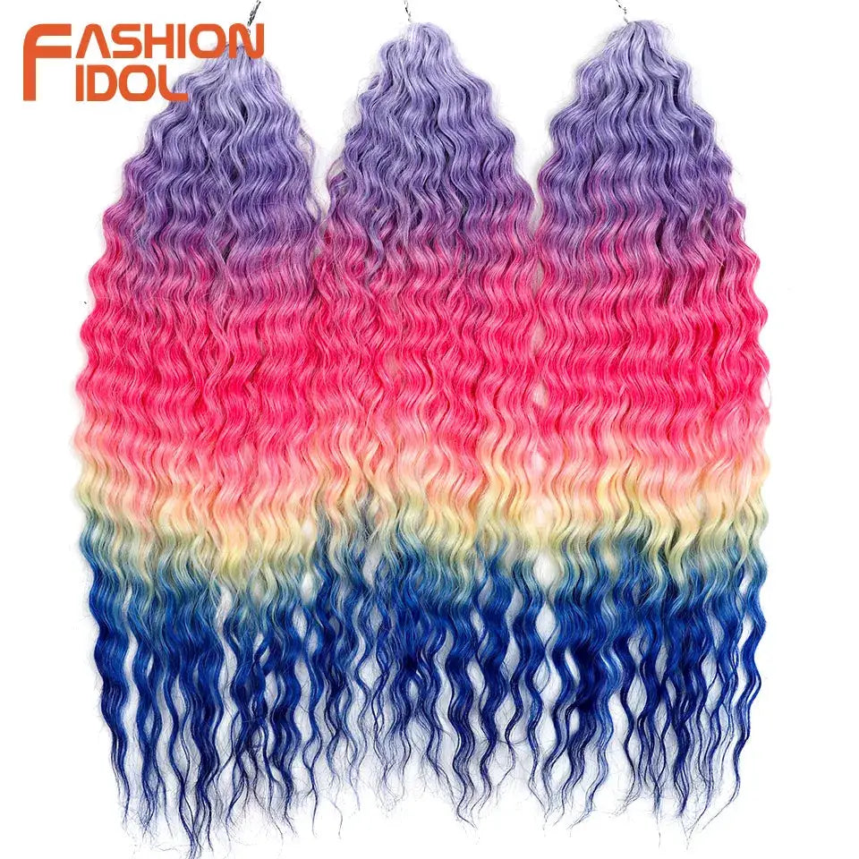 Fashion Idol rainbow ombre crochet hair extensions, 3 bundles, 22in, synthetic Ariel curl water wave