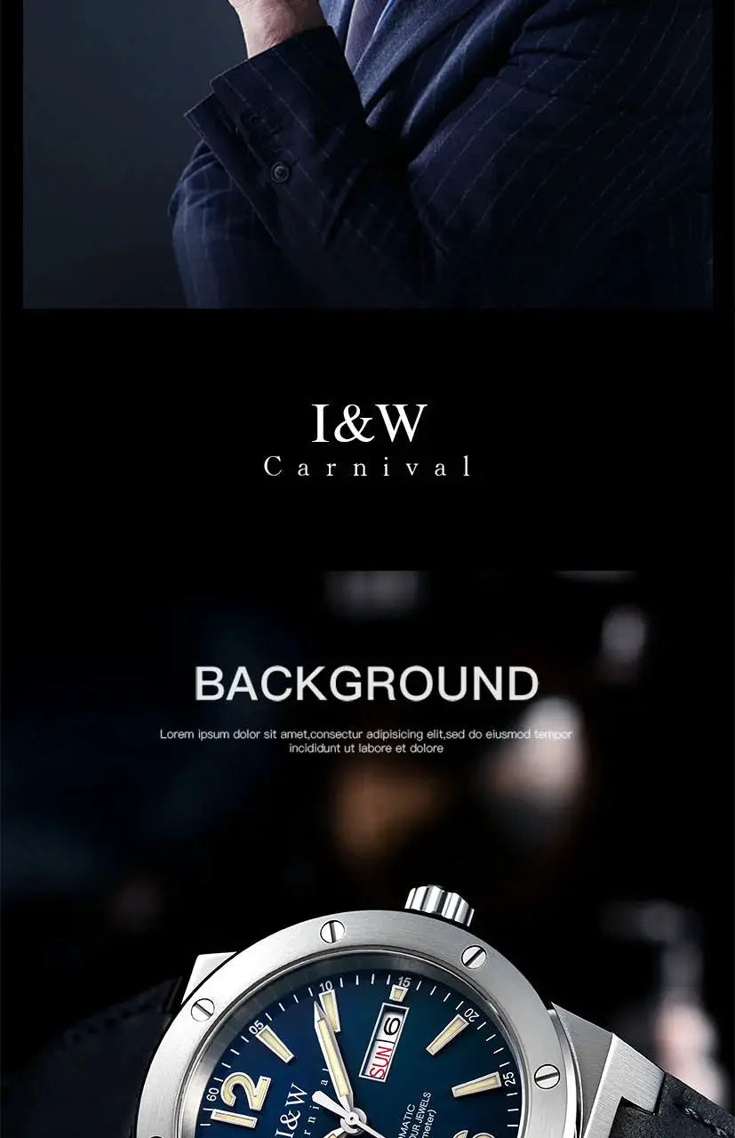 Carnival I&W high-end sapphire mechanical watch with blue dial, automatic movement, 50m water resistant.